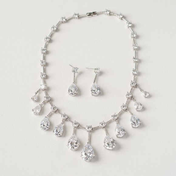 Bridal Statement Necklace and Earring Set, Cubic Zirconia Drops - Picture 2 of 6
